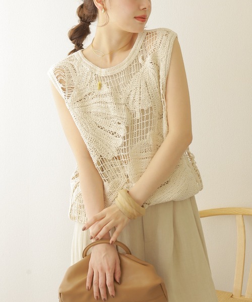 ニット セーター crochet sleeveless knit tops /ボタニカル クロシェ ノースリーブ ニット トップス レディース