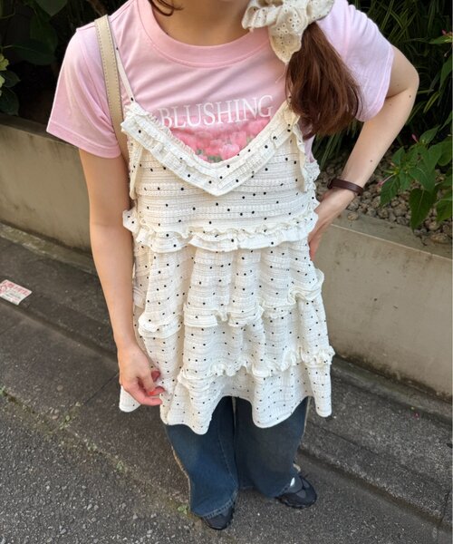 ワンピース 「新色ドット柄が登場！」「季節問わず使える」立体レースミニキャミワンピースの画像