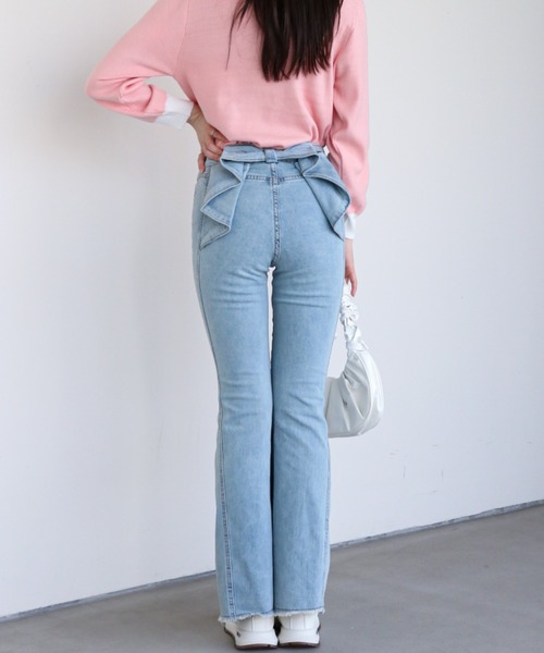 ジーンズ デニム デニムパンツ バックリボンフレアデニム レディース