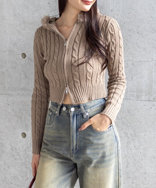 clear ニット セーター ダブルジップケーブル編みファーフードニット