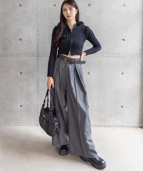 clear ニット セーター ダブルジップケーブル編みファーフードニット