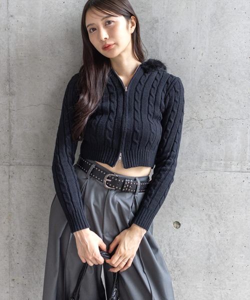 clear ニット セーター ダブルジップケーブル編みファーフードニット