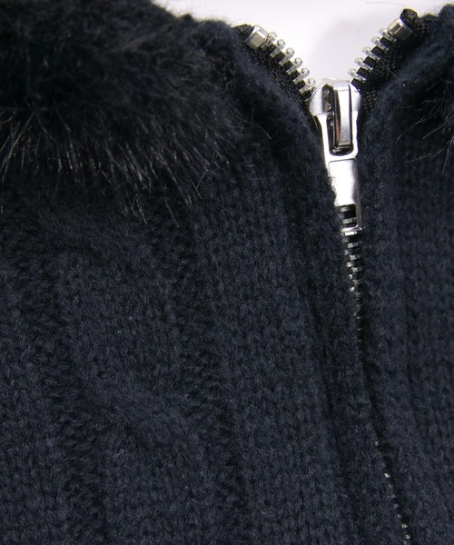clear ニット セーター ダブルジップケーブル編みファーフードニット