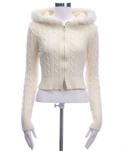 clear ニット セーター ダブルジップケーブル編みファーフードニット