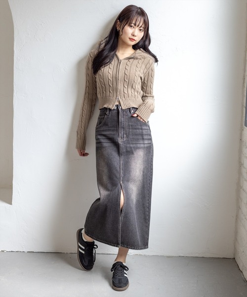 clear ニット セーター ダブルジップケーブル編みファーフードニット