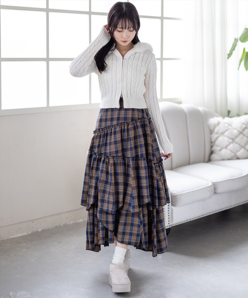 clear ニット セーター ダブルジップケーブル編みファーフードニット