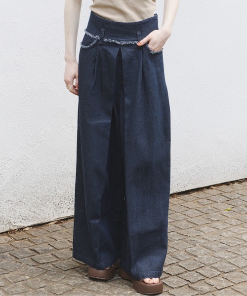 パンツ fringe detail tuck denim pants olun OLUN ワイドパンツ ジーンズ デニム デニムパンツ fringe detail tuck