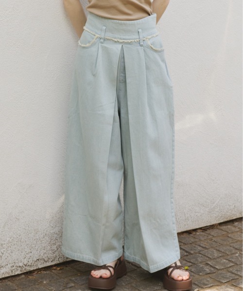 フリンジタックデニムパンツ OLUN フリーサイズ OLUN ワイドパンツ ジーンズ デニム デニムパンツ fringe detail tuck