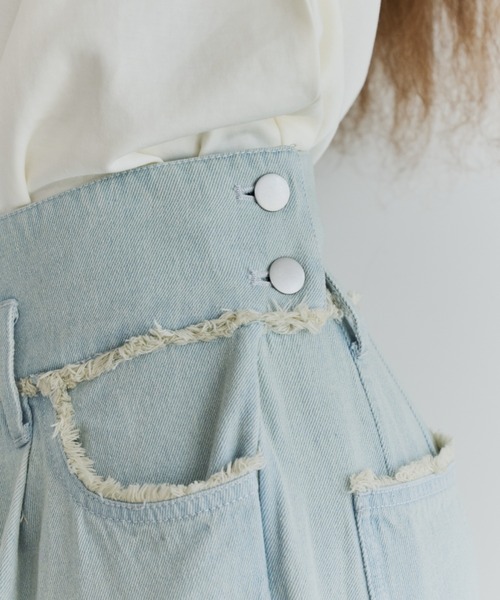 OLUN ワイドパンツ ジーンズ デニム デニムパンツ fringe detail tuck