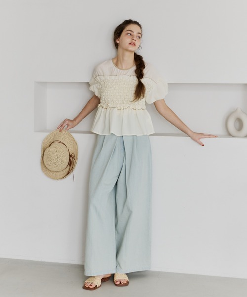 フリンジタックデニムパンツ/OLUN OLUN ワイドパンツ ジーンズ デニム デニムパンツ fringe detail tuck