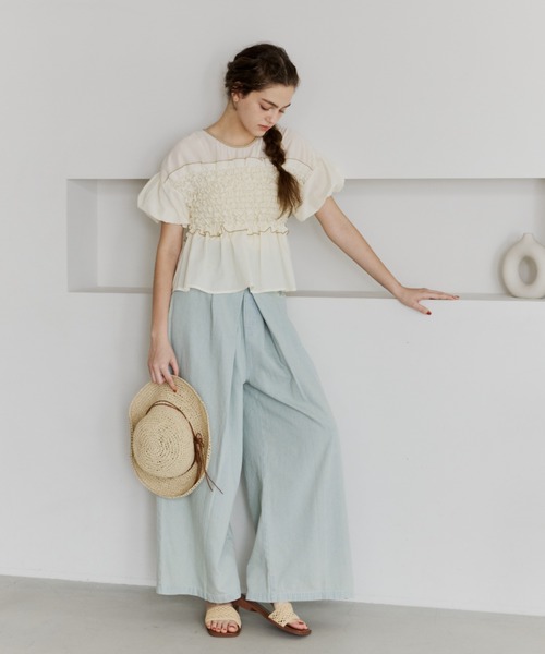 【OLUN】フリンジタックデニムパンツ OLUN ワイドパンツ ジーンズ デニム デニムパンツ fringe detail tuck