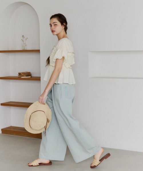 OLUN ワイドパンツ ジーンズ デニム デニムパンツ fringe detail tuck