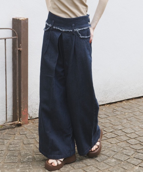OLUN ワイドパンツ ジーンズ デニム デニムパンツ fringe detail tuck