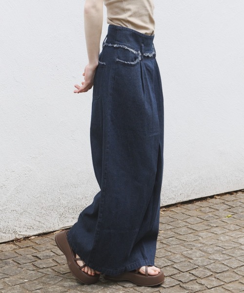 パンツ fringe detail tuck denim pants olun OLUN ワイドパンツ ジーンズ デニム デニムパンツ fringe detail tuck