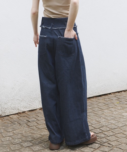 OLUN ワイドパンツ ジーンズ デニム デニムパンツ fringe detail tuck