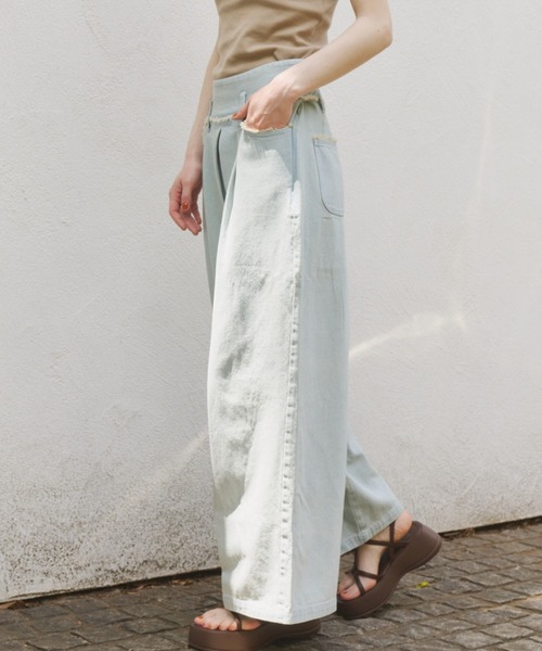OLUN ワイドパンツ ジーンズ デニム デニムパンツ fringe detail tuck