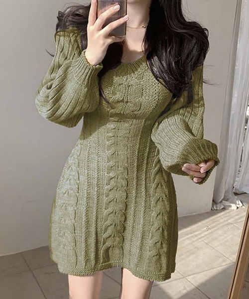 Girly Doll（ガーリードール） ワンピース Vネックケーブルニットミニ