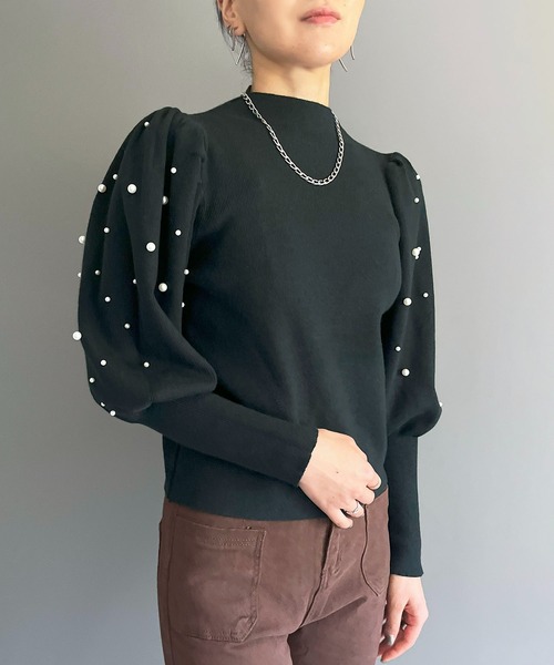 ニット セーター パールパフスリーブニット レディース Jewelobe ニット セーター パフスリーブパールニット レディース