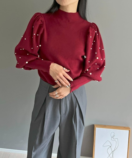 Jewelobe ニット セーター パフスリーブパールニット レディース