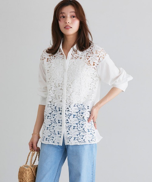 【洗える】レース シャツ Pierrot ブラウス シャツ ケミカルレースシャツ レディース