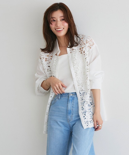 ブラウス シャツ ケミカルレースヘムブラウス レディース Pierrot ブラウス シャツ ケミカルレースシャツ レディース