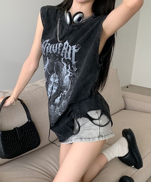 GEMEDA tシャツ プリントノースリーブTシャツ レディース