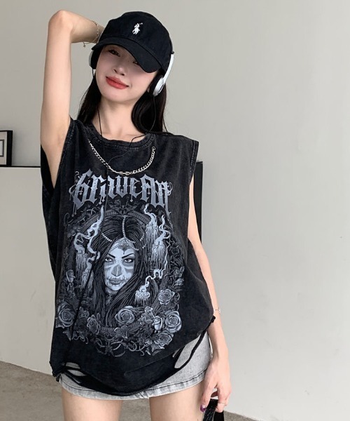 GEMEDA tシャツ プリントノースリーブTシャツ レディース