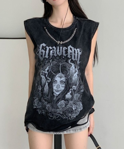 GEMEDA tシャツ プリントノースリーブTシャツ レディース