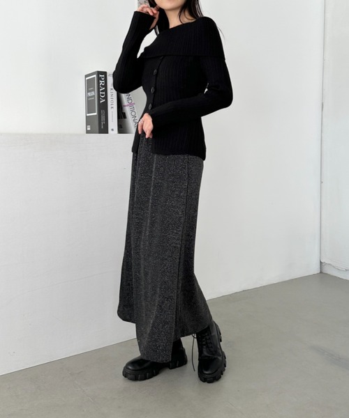 CLEA ニット セーター ボタンデザインオフショルダーニットトップス