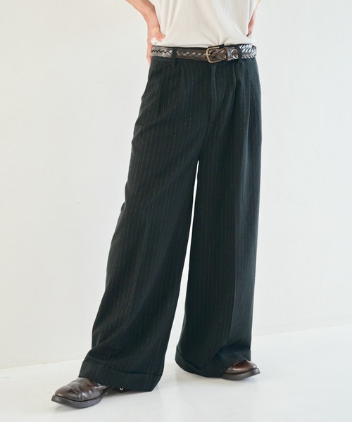 Camphor wood スラックス 2tuck wide baggy flare rame slacks