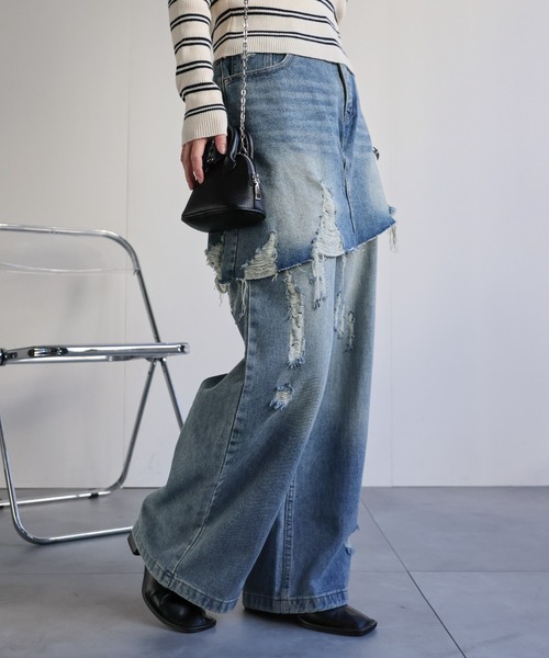 ap retro ジーンズ デニム デニムパンツ スカートレイヤードダメージ 