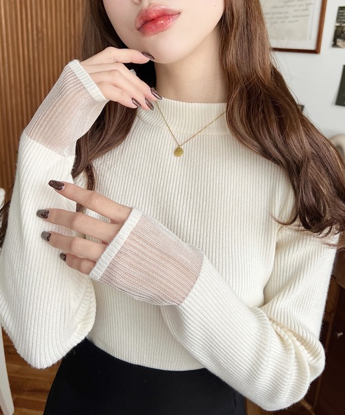 moment+ ニット セーター 12Gクルーネック袖シアーリブニットプル