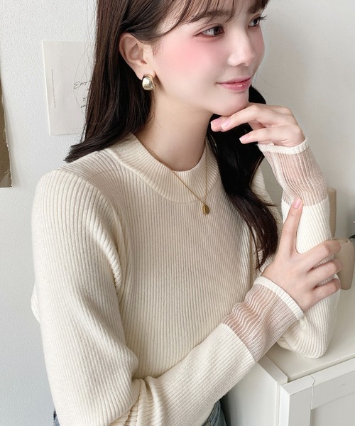 moment+ ニット セーター 12Gクルーネック袖シアーリブニットプル