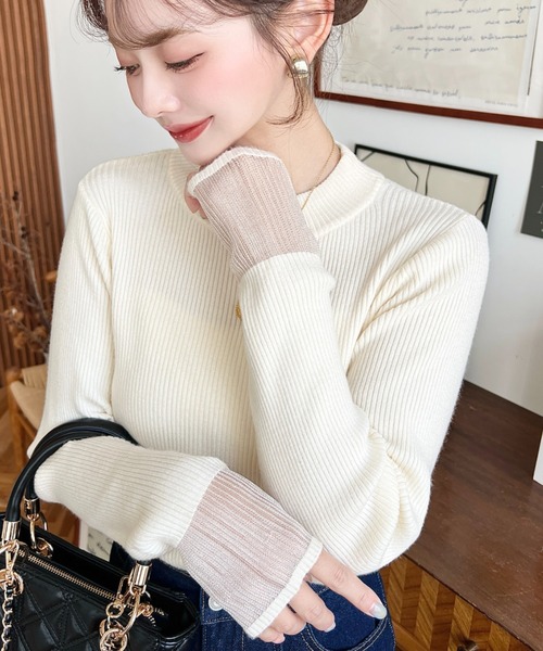 moment+ ニット セーター 12Gクルーネック袖シアーリブニットプル