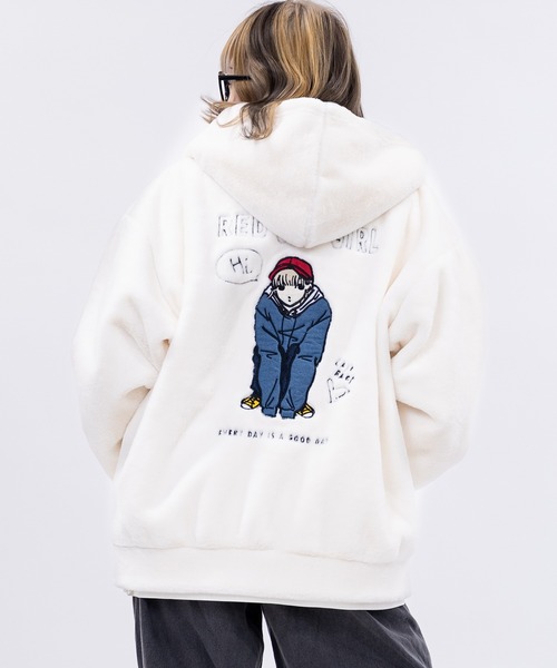 ラビットファー 刺繍 ムートン ジャンバー ブルゾン 美品】（L 