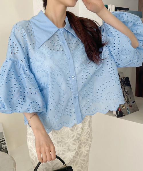 美品★Sea New York アイレットレース スタンドカラー 長袖 ブラウス 美品☆Sea New York アイレットレース スタンドカラー 長袖