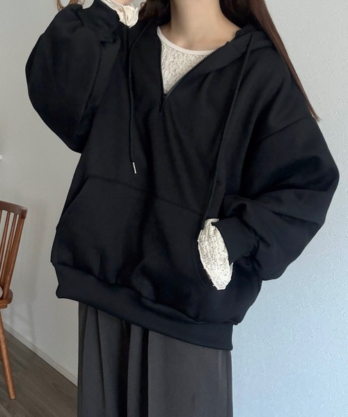 パーカー ゆるだぼハーフジップパーカー レディース