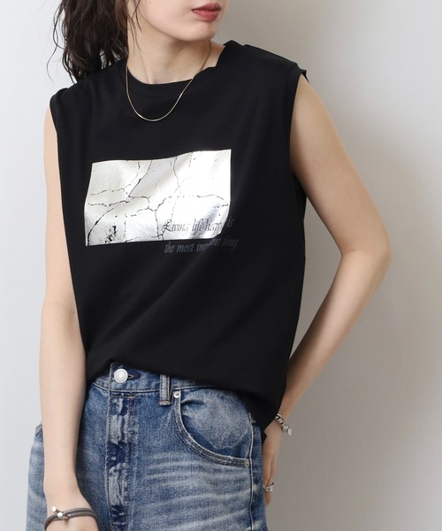 tシャツ A.N.L 箔プリントタンクトップ ノースリーブトップス レディース