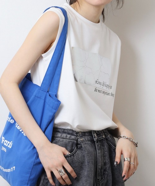 tシャツ A.N.L 箔プリントタンクトップ ノースリーブトップス レディース tシャツ A.N.L 箔プリントタンクトップ ノースリーブトップス