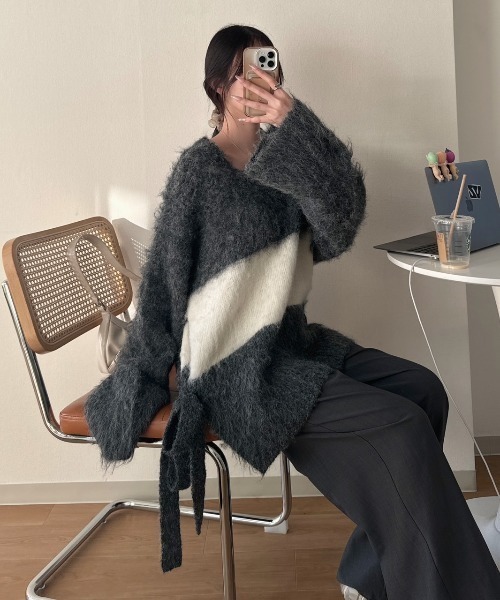 「nemne store」 Vネックニット フリー アイボリー レディース