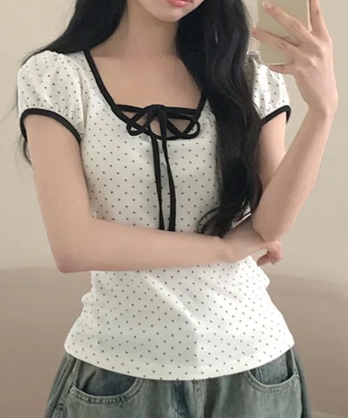 タグ付き OBLI オブリ ドット パーカー 半袖 パフスリーブ 水玉 NANAHACHI tシャツ 半袖 水玉柄パフスリーブ半袖Tシャツ レディース
