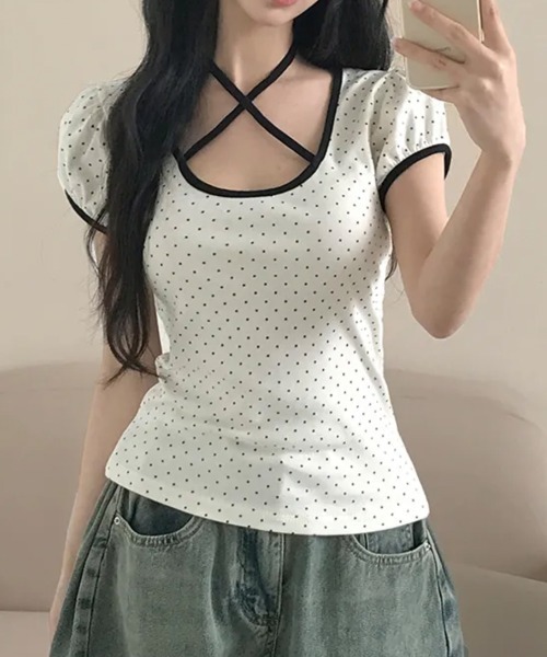 NANAHACHI tシャツ 半袖 水玉柄パフスリーブ半袖Tシャツ レディース