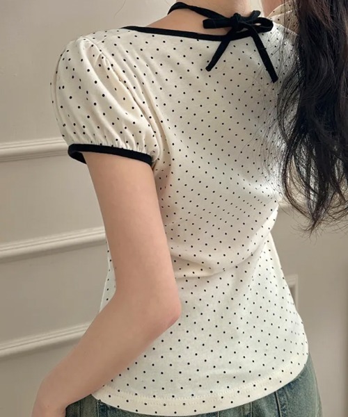 NANAHACHI tシャツ 半袖 水玉柄パフスリーブ半袖Tシャツ レディース