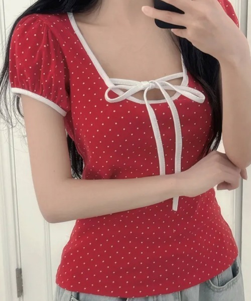 NANAHACHI tシャツ 半袖 水玉柄パフスリーブ半袖Tシャツ レディース