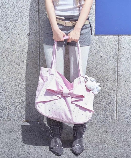 uni　BONTON 星柄トートバッグ　薄ピンク LA VORAGINE（ラ ヴォラジネ） トートバッグ 星スター柄ビッグリボン大