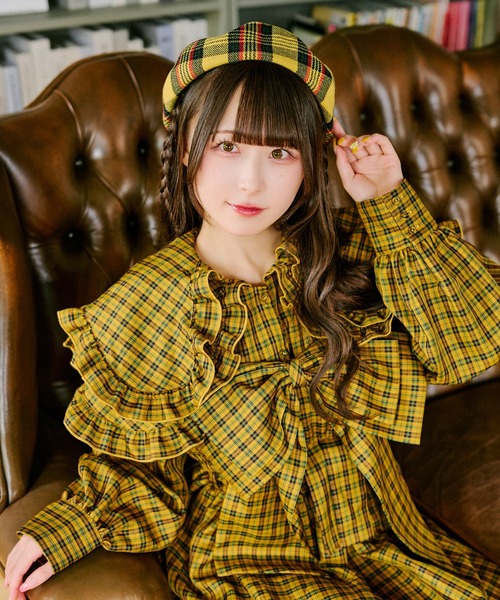 タータンチェック ジャケット ベレー帽 セット イエロー kutir（クティール） 帽子 ベレー帽 「クティールとレトロ」ベロア