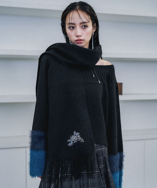 美品 HUMAN ピュアカシミヤ100 ストール マフラー QUEENHEAD（クイーンヘッド） マフラー BLACK STOLE WOOL ❤️ MADE 小物