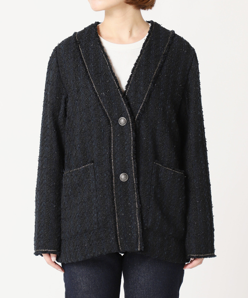 【美品】スローブイエナ ノーカラーブルゾン ジャケット ネイビー SLOBE IENA（スローブイエナ） ノーカラージャケット FREE ネイビー