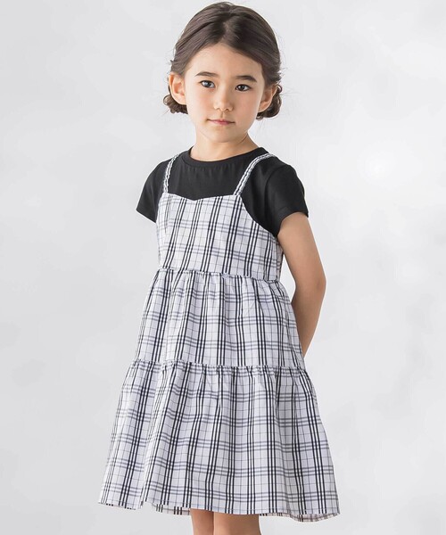 【送料無料】モノクロチェック2点セット♪ふりふりワンピース風スタイ&ベビーパンツ BeBe Petits Pois Vert（ベベ プチ ポワ ヴェール） ワンピース 「店舗