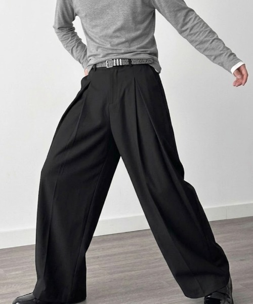 スラックス 「UNISEX」ハイウエスト 深タック ワイドレッグ スラックス